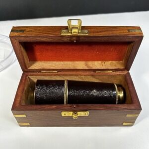 Antique Style Brass Spyglass Telescope Leather Wrapped w Wooden Box